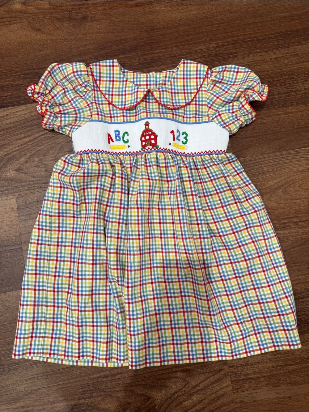Banana Split Plaid Smocked ABC 123 Kids Dress in Multi-Color